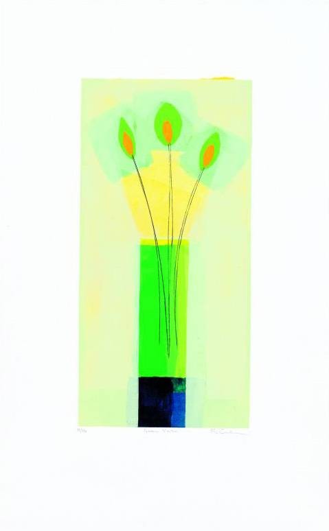 Baker Russel Green Vase (2000) (Siebdruck, handsigniert) (Blumenvase, Blüten, Stillleben, modern, abstrahiert Grafik, Original, signiert, Wohnzimmer, Treppenhaus, Esszimmer, neon, bunt)