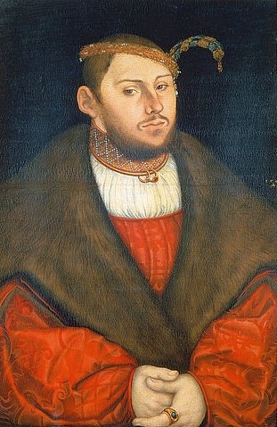 LUCAS CRANACH Der Ältere, Johann Friedrich I. (1503-1554), Kurfürst von Sachsen. 1526 (Portrait, junger Mann, Pelzkragen, Feder, Adel, Persönlichkeiten, Johann Friedrich I, Bräutigam, Sachsen, Klassiker, Renaissance, Wunschgröße, Wohnzimmer)