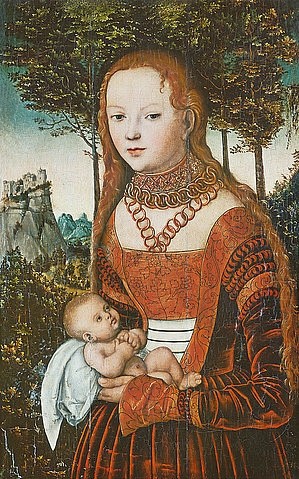 LUCAS CRANACH Der Ältere, Mutter mit Kind. Um 1525 (junge Frau, Adel, Eleganz, Mutter, Baby, Landschaft,  Samtkleid, Mutter, Portrait, Klassiker, Renaissance, Wunschgröße, Wohnzimmer)