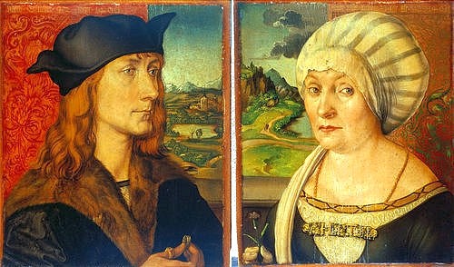 Albrecht Dürer, Doppelbildnis des Hans Tucher und seiner Ehefrau Felicitas. 1499. (Renaissance,Portrait,Weimar,Kunstsammlungen,1471-1528,Dürer,Albrecht,Albrecht Dürer,Handel,Hans Tucher,Felicitas Tucher,Ehepaar,Doppelbildnis,Mann,Frau,Kopfbedeckung,15. Jahrhundert,Fenster)