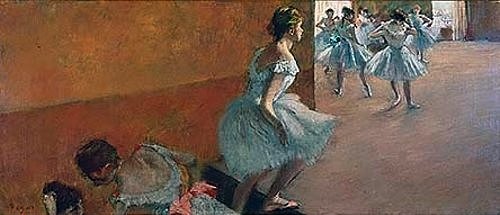 Edgar Degas, Tänzerinnen auf einer Treppe. Gegen 1886/1888 (Degas,Edgar,1834-1917,Paris,Musée d'Orsay,Tanz,Theater,Edgar Degas,19. Jahrhundert,Tänzerin,Treppe, französischer impressionismus,französisch,impressionistisch)
