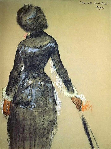 Edgar Degas, Mary Cassatt im Louvre. (Degas,Edgar,1834-1917,Philadelphia,Collection McLhenny,Pastell,Edgar Degas,Marie Cassatt,Louvre,19. Jahrhundert,20. Jahrhundert,Dame,Besucherin,elegant,modisch,Rückenfigur,von hinten,blau,Zeichnung,Pastell, französischer impressionismus,französisch,impres)