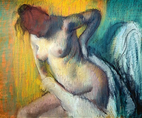 Edgar Degas, Weibliche Figur, sich abtrocknend. (Impressionismus,19. Jahrhundert,Pastell,Philadelphia,Collection McLhenny,1834-1917,Degas,Edgar,Degas,Edgar Degas,19. Jahrhundert,Impressionismus,Akt,weiblich,weiblicher Akt,Frau,nackt,abtrocknen,Bad,Körperpflege,sich abtrocknen,intim,Intimität,Handtuch,Pa)