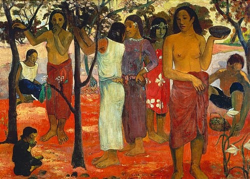 Paul Gauguin, NAVE NAVE MAHANA. 1896 (Gauguin,Paul,1848-1903,Lyon,Musée des Beaux-Arts,Öl auf Leinwand,19. Jahrhundert,Gauguin,Paul Gauguin,Südsee,Post-Impressionismus,NAVE NAVE MAHANA,19. Jahrhundert,Frauen,rot,angenehme Zeit,rote Erde,unter Bäumen,pfücken,Ernte,ernten,Tahiti,ursprünglich,pa)