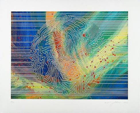 Gläsker Horst Sonnenlinien (Radierung, handsigniert) (Abstrakt, Abstrakte Malerei, Kreis, Muster, verworren, Streifen, Linien, modern, Original, signiert, Wohnzimmer, Büro, bunt)