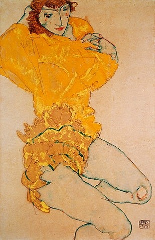 Egon Schiele, Sich entkleidende Frau. 1914 (Expressionismus,20. Jahrhundert,Gouache/Feder,Miyagi Museum of Art,Japan,1890-1918,Schiele,Egon,Egon Schiele,20. Jahrhundert,Frau,entkleiden,gelb,orange,Rüschen,Knie,Oberschenkel)