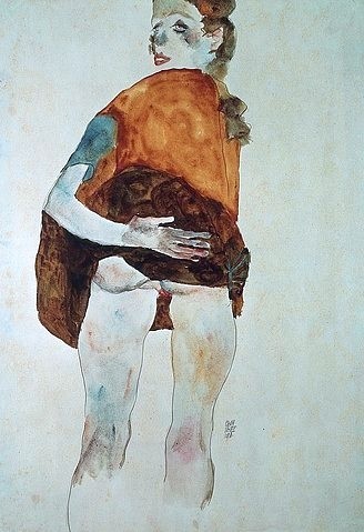 Egon Schiele, Stehendes Mädchen mit gehobenem Rock. 1911. (Expressionismus,Wiener Moderne,20. Jahrhundert,Aquarell/Feder,1890-1918,Schiele,Egon,Privatbesitz,Egon Schiele,20. Jahrhundert,Mädchen,Halbakt,Pornographie,hintern,sexualität)