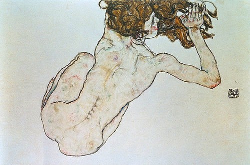 Egon Schiele, Kauernder Rücken-Akt. 1917 (Expressionismus,20. Jahrhundert,Gouache/Feder,1890-1918,Schiele,Egon,Privatbesitz,Akt,weiblich,Egon Schiele,20. Jahrhundert,Rücken,Akt,Frau,nackt,mager)