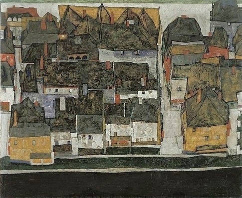 Egon Schiele, Krumau an der Moldau (Die kleine Stadt III). 1914 (Wunschgröße, Malerei, Stadt, Fluss, Moldau,  Häuser,  Klassische Moderne, Expressionismus, Wohnzimmer, Treppenhaus, bunt)