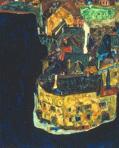 Egon Schiele, Stadt am blauen Fluss II., 1911. (Schiele,Egon,Privatbesitz,1890-1918,Öl/Gouache auf Holz,Stadtlandschaften,Häuser,Egon Schiele,Fluss,Stadt,20. Jahrhundert,Haus)