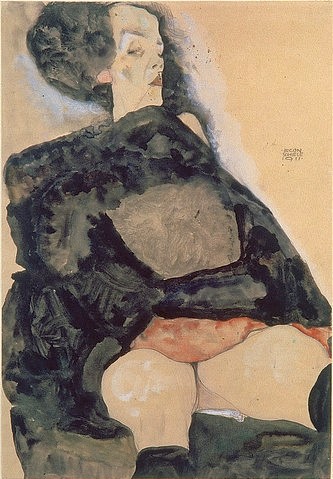 Egon Schiele, Dame in schwarz. 1911. (Gouache/Aquarell/Feder,Schiele,Egon,Privatbesitz,1890-1918,Egon Schiele,20. Jahrhundert,Dame,Frau,schwarz)