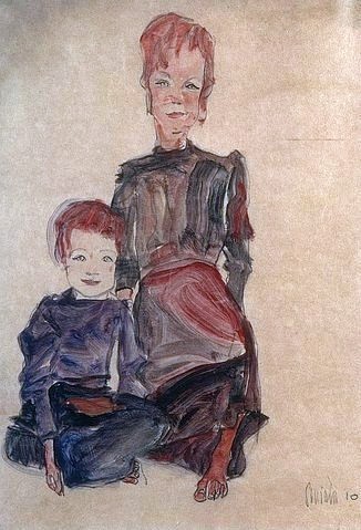 Egon Schiele, Zwei Proletarierkinder. 1910. (Expressionismus,Wiener Moderne,20. Jahrhundert,Aquarell/Kohle/Feder,1890-1918,Schiele,Egon,Privatbesitz,Kinder,Egon Schiele,Geschwister,porträt,unterschicht)