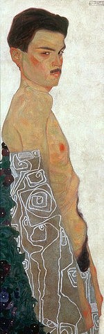 Egon Schiele, Aktselbstbildnis mit ornamentierter Drapierung. 1909. (Schiele,Egon,Privatbesitz,1890-1918,Öl/Metallfarben,Selbstbildnis,20. Jahrhundert,Egon Schiele,Akt,Mann,nackt,Ornament)