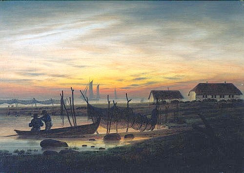 Caspar David Friedrich, Küstenlandschaft im Abendlicht. Um 1816/1818. (Meer, Meeresbrise,Häuser, Reeddächer, Sonnenuntergang, Fischer, Boot, Fischernetze, Klassiker, Wohnzimmer, Treppenhaus, Malerei, Romantik, Wunschgröße, bunt)