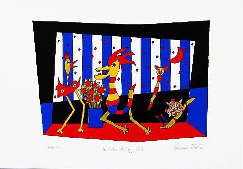 Rebel Etienne Unerhörter Antrag (1999) (Lithographie, handsigniert) (Heiratsantrag, Antrag, Huhn, Hahn, witzig, lustig, fröhlich, figurativ, Grafik, Original, signiert, Wohnzimmer, bunt)