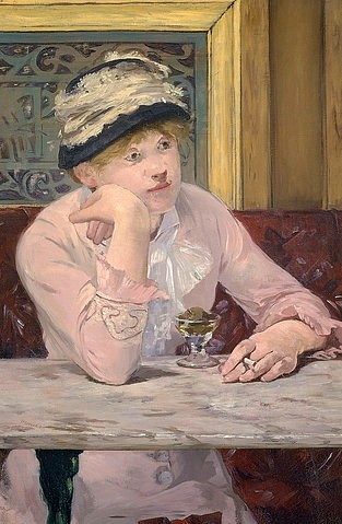 Édouard Manet, Der Pflaumenschnaps (La prune). Um 1877 (Washington,National Gallery,Manet,Édouard,1832-1883,Öl auf Leinwand,19. Jahrhundert,Impressionismus,Edouard Manet,19. Jahrhundert,Frau,Schnaps,Pflaumenschnaps,La prune,Zigarette,Schnapsglas,Isolation,alleine,Ausgrenzung,Cafe,nachdenklich,aufgestützt,Brany)