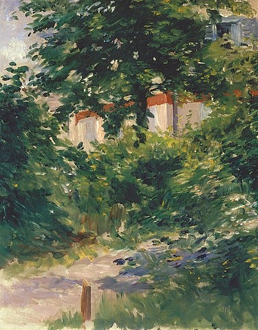 Édouard Manet, Allee im Garten von Rueil. 1882 (Manet,Édouard,1832-1883,Dijon,Musée des Beaux-Arts,Öl auf Leinwand,19. Jahrhundert,Impressionismus,Garten,Edouard Manet,Rueil,Allee,Weg,Sommer,19. Jahrhundert,Impressionismus,Gartenweg,grün,Sträucher)