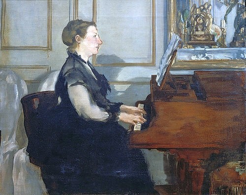 Édouard Manet, Madame Manet am Piano. 1868 (Impressionismus,19. Jahrhundert,Öl auf Leinwand,Paris,Musée d'Orsay,1832-1883,Manet,Édouard,Musik,Edouard Manet,Madame Manet,Frau,Flügel,Klavier,19. Jahrhundert,musizieren,im Profil,Bildungsbürgertum,Musikinstrument)
