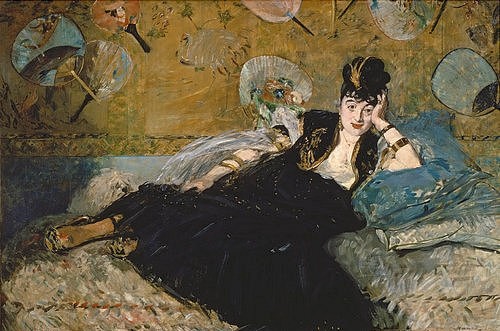 Édouard Manet, Die Dame mit den Fächern (Nina de Callias). 1873. (Manet,Édouard,1832-1883,Paris,Musée d'Orsay,Fächer,Edouard Manet,19. Jahrhundert,Nina de Callias,Dame,Frau,liegend,Impressionismus,schwarzes Kleid,schwarz)