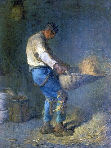 Jean-François Millet, Un Vanneur (Trennen der Spreu vom Korn). 1866/1868. (Bauerngenre, Landarbeit, Knecht, mühsam, anstrengend, Spreu von Weizen trennen, sieben, Realismus, Malerei, Wohnzimmer, Klassiker, Wunschgröße, bunt)