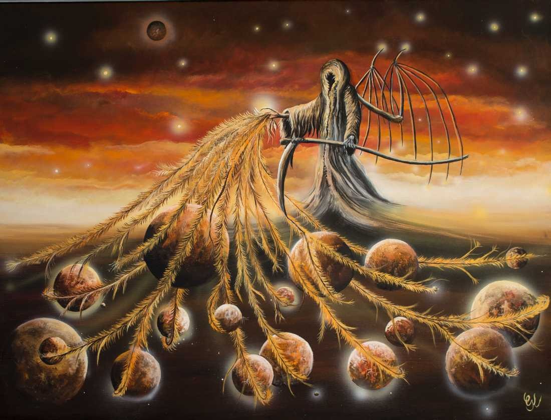 Conny Krakowski, Beim Angeln (Surrealismus, Traum, Magie, Esoterik, Baum, Traumbaum,Lebensbaum,Geburt,Leben,Sterben,Wege, Lebensweg, Phantasie,Fantasie,Realismus,Malerei,Gemläde,detaiiert,Traumbild,Traumlandschaft,Landschaftsmalerei,Träumerei,Wasserfall,Berge,Wolken,)