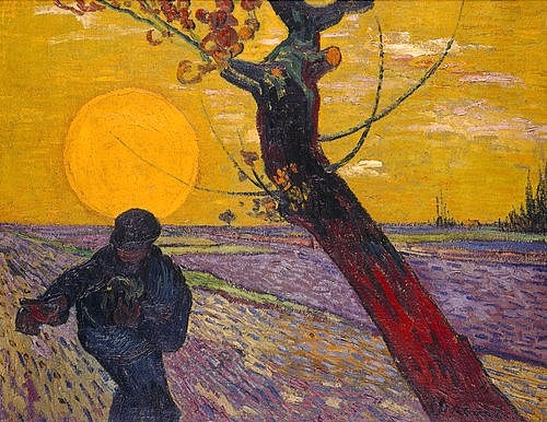 Vincent van Gogh, Sämann bei untergehender Sonne. 1888 (Gogh,Vincent van,1853-1890,Zürich,Stiftung Sammlung E.G. Bührle,Öl/Jute/Lwd.,Bauer,Abend,Sonne,Felder,Gogh, Vincent van Gogh,säen,Sonne,sonnenuntergang,Abendstimmung,feld,acker,ländlich)