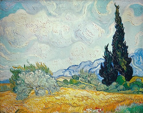 Vincent van Gogh, Weizenfeld mit Zypressen und blühendem Baum. 1889 (Privatbesitz,Gogh,Vincent van,1853-1890,Öl auf Leinwand,Foto: Artothek,Baum,Gogh, Vincent van Gogh,Postimpressionismus,Post-Impressionismus,Zypresse,Landschaft,Getreidefeld,Himmel,Weizen,Sommer,Feld,Wolken)