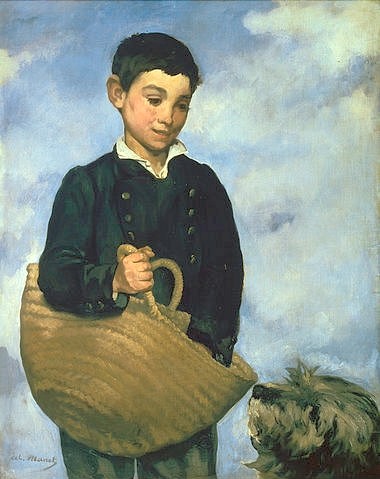 Édouard Manet, Knabe mit Korb und Hund. 1860. (Knabe, Junge, Portrait, Korb, Hund, Gefährte, Treue,  Impressionismus, Wohnzimmer, Klassiker, Wunschgröße, bunt,)