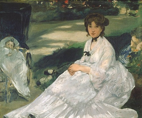Édouard Manet, Im Garten. 1870 (Portrait, Frau, weißes Kleid, Mutter mit Kind, Mann, Vater, Familie, Säugling, Garten, Sommer, Menschen, bürgerlich, Gesellschaft, Impressionismus, Wohnzimmer, Klassiker, Wunschgröße, bunt)