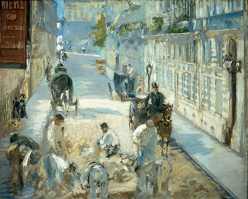 Édouard Manet, Die Rue Mosnier mit Pflasterern. 1878 (Straßenszene, Alltagszene, Arbeiter, Brausrbieter, Pflastersteine, Gesellschaft, Handwerker, Impressionismus, Wohnzimmer, Klassiker, Wunschgröße, bunt,)