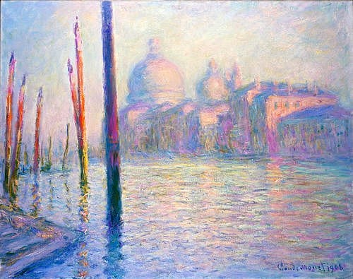 Claude Monet, Venedig, Santa Maria della Salute. 1908 (Monet,Claude,1840-1926,Privatbesitz,Italien,Monet, Claude Monet,Venedig,20. Jahrhundert,Impressionismus,impressionistisch,Kirche,Duckdalbe,Wasser,Anlegestelle,Anlegepfosten,pastellfarben,pastellfarbig,sanft,zart)