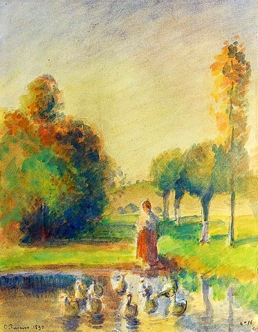 Camille Pissarro, Junge Frau am Ufer eines Weihers (Gardeuse d'oies). 1890 (Paris,Musée d'Orsay,aufbewahrt im Louvre,19. Jahrhundert,Aquarell,1830-1903,Pissarro,Camille,Camille Pissarro,Weiher,Teich,Tiere,Vögel,Gänse,französischer impressionismus,Gänseliesel,Frau)
