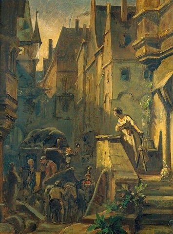 Carl Spitzweg, Ankunft des Postwagens. (19. Jahrhundert,Privatbesitz Hamburg,1808-1885,Spitzweg,Carl,Reise,Wagen,Gasse,Spitzweg, Carl 1808-1885,Biedermeier,Postwagen,Postkutsche,Abend,Ankunft,Reisende)