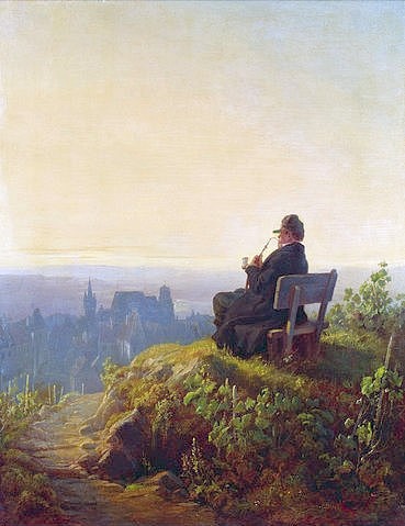 Carl Spitzweg, Friedlicher Abend. (Spitzweg,Carl,1808-1885,Privatbesitz,Öl auf Holz,Abend,Mann, alt,Rauchen,Männer,Spitzweg, Carl 1808-1885,Sonnenuntergang)