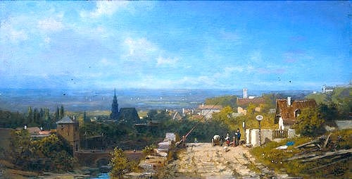 Carl Spitzweg, Vor der Stadt. 1875/80 (Stadtansicht,19. Jahrhundert,Öl auf Holz,Privatbesitz,1808-1885,Spitzweg,Carl,Carl Spitzweg,Biedermeier,Stadt,Panorama,idyllisch,Kirchturm,Stadtturm,Blick über die Stadt)