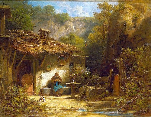 Carl Spitzweg, Strickender Einsiedler. Ende der 1860er/ Anfang 70er Jahre (19. Jahrhundert,Öl/Karton,Zürich,Kunsthaus,1808-1885,Spitzweg,Carl,Mönch,Garten,Spitzweg, Carl Spitzweg,1808-1885,Idylle,idyllisch,Kate,Häuschen,friedlich,Ruhe,Biedermeier,heile Welt,zu Hause)