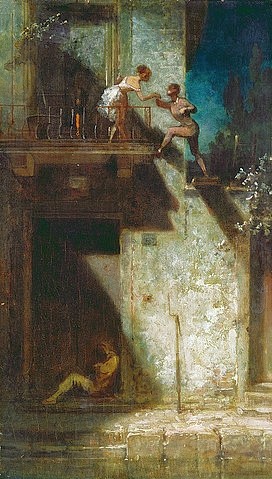 Carl Spitzweg, Pierrot und Columbine (Stelldichein). Um 1875. (Malerei, Klassiker, italienisches Theater, Comedia dell'Arte, Fensterln,  Humor, Wunschgröße, Spätromantik, Wohnzimmer, Treppenhaus, bunt)