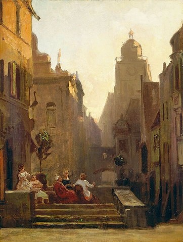 Carl Spitzweg, Plauderstündchen bei der Storchen-Apotheke. Nach 1875 (19. Jahrhundert,Öl/Karton,Wuppertal,Von-der-Heydt-Museum,1808-1885,Spitzweg,Carl,Stadtszenerien,Stadt,Städtchen,Abend,plaudern,sich unterhalten,Spitzweg, Carl Spitzweg,1808-1885,Biedermeier,Marktplatz,Nachbarn,sich unterhalten,Dorfklatsch,Dorfgeschichten)