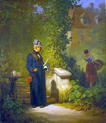 Carl Spitzweg, Zeitungsleser im Garten (oder: Politikus im Gärtchen beim Kaffee). Ende 1840er Jahre (Spitzweg,Carl,1808-1885,Milwaukee Art Museum,Öl auf Leinwand,Mann,alt,Lesen,Garten,Rauchen,Pfeife,Spitzweg, Carl Spitzweg,beobachten,nachschauen,Wäscherin,Biedermeier,humorvoll)