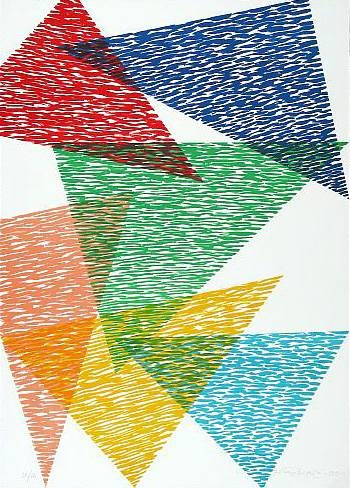 Dorazio Piero Vis-A-Vis (1991) (Lithographie, handsigniert, nummeriert) (Abstrakte, Malerei, Dreiecke, Wellen, Schatten, Original, modern, signiert, Wohnzimmer, Büro, Business, bunt)