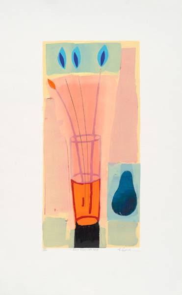 Baker Russel Blue Pear with Vase (2000) (Siebdruck, handsigniert) (Blumenvase, Blüten, modern, abstrahiert Grafik, Original, signiert, Wohnzimmer, Treppenhaus, Esszimmer, bunt)
