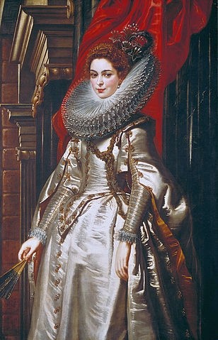 Peter Paul Rubens, Die Marchesa Brigida Spinola Doria. 1606 (Adelige, Frau, Portrait, Porträt, Kragen, Spitzenkragen,  Halskrause, Mühlsteinkragen, Robe, silberglänzend, Satinkleid, Eleganz, Würde, Barock, Klassiker, Malerei, Treppenhaus, Wohnzimmer, Wunschgröße, bunt)