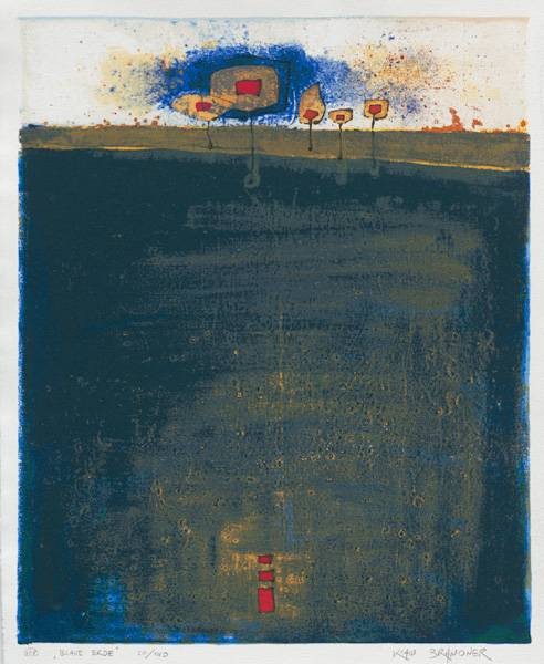 Brandner Klaus WVZ908 Blaue Erde (1998) (Siebdruck, handsigniert) (Abstrakte Kunst, Abstrakte Malerei, Leuchtturm, geomtrische Formen, abstrakte Muster, Original, signiert, Wohnzimmer, Treppenhaus, leuchtend, bunt)