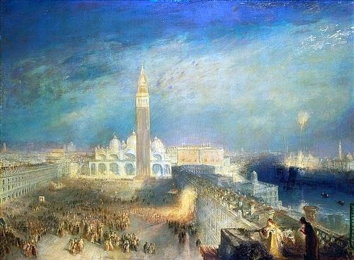 Joseph Mallord William Turner, Julia und ihre Zofe auf dem Balkon über dem Markusplatz Venedig. (Turner,Joseph Mallord William,1775-1851,Privatbesitz,Italien,Turner, Joseph Mallord William,menschenmenge,markusdom,markusturm)