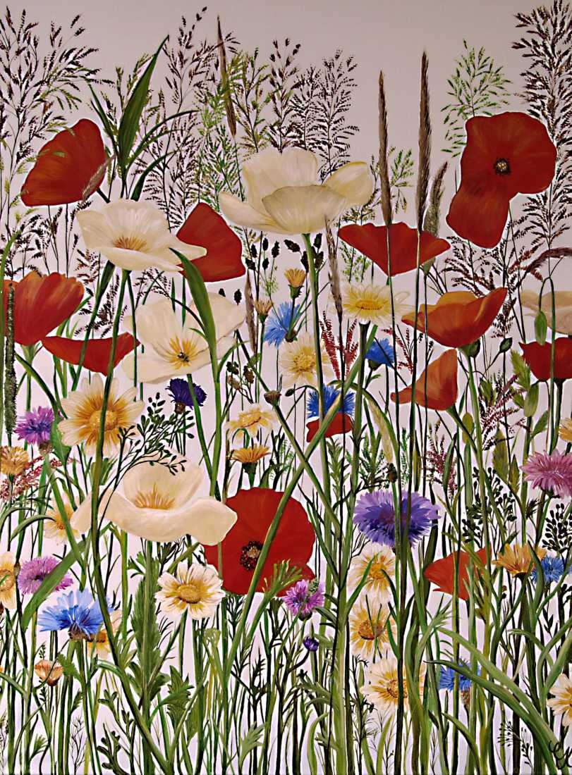 Conny Krakowski, Blumenwiese (Surrealismus, Traum, Magie, Esoterik, Baum, Traumbaum,Lebensbaum,Geburt,Leben,Sterben,Wege, Lebensweg, Phantasie,Fantasie,Realismus,Malerei,Gemläde,detaiiert,Traumbild,Traumlandschaft,Landschaftsmalerei,Träumerei,Wasserfall,Berge,Wolken,)