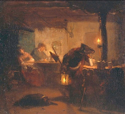 Carl Spitzweg, Nachtwächter auf der Suche nach dem letzten Tropfen. Um 1837. (Spitzweg,Carl,Zürich,Galerie Koller,1808-1885,Wirtshäuser,Lampen,Kerzen,Trinken,Arbeit,Bier,Spitzweg, Carl 1808-1885)