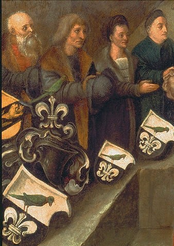 Albrecht Dürer, Detail aus dem Paumgartner Altar: Die Stifter des Altars. (München,Alte Pinakothek,Dürer,Albrecht,1471-1528,Heraldik,Vögel,Beten,Männer, Alte,Männer,Dürer, Albrecht 1471-1528, Bayerische Staatsgemäldesammlungen)