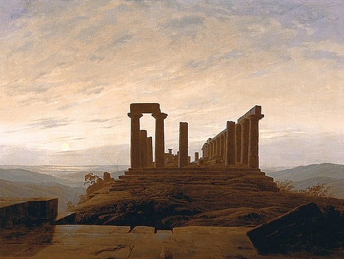 Caspar David Friedrich, Der Junotempel in Agrigent. Um 1830 (Tempel, Ruinen, Antike, Architektur, Italien, Sizilien, Abendstimmung,Klassiker, Wohnzimmer, Treppenhaus, Malerei, Romantik, Wunschgröße, bunt)