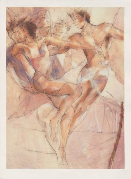 Benfield Gary Dance I (2000) (Siebdruck, handsigniert) (Aktmalerei, Frau, Mann, Tanz, transparent, zart, Körper, nackt, figurativ, Grafik, Original, signiert, Schlafzimmer, Wohnzimmer, bunt)