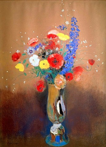Odilon Redon, Feldblumenstrauss in hoher Vase. (Postimpressionismus, Stillleben, Blumenvase, Blüten, Blumen, Sommerblumen, floral, klassische Moderne, Malerei, Wohnzimmer, Esszimmer, Treppenhaus, Wunschgröße, bunt)